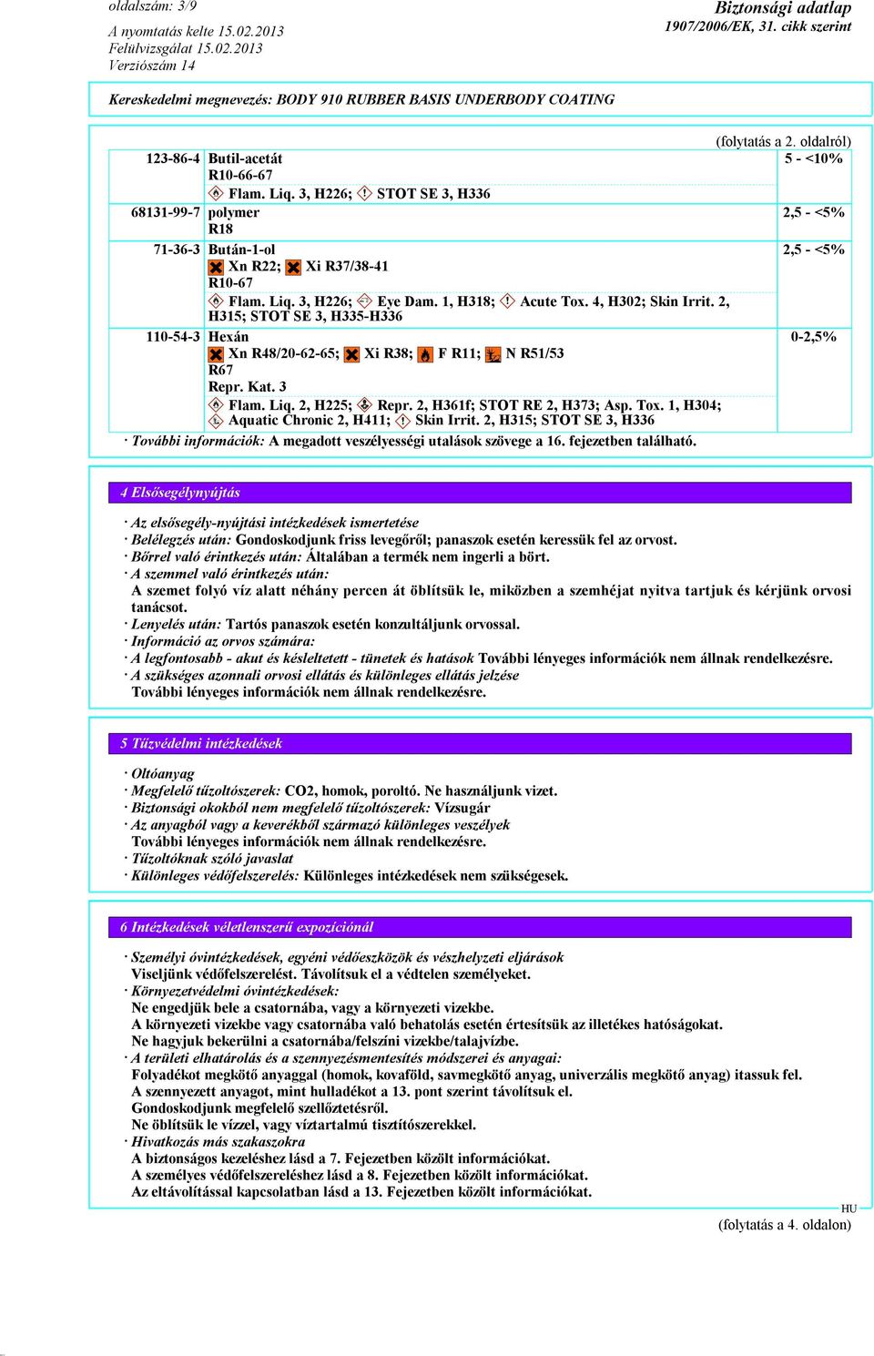 2, H361f; STOT RE 2, H373; Asp. Tox. 1, H304; Aquatic Chronic 2, H411; Skin Irrit. 2, H315; STOT SE 3, H336 További információk: A megadott veszélyességi utalások szövege a 16. fejezetben található.