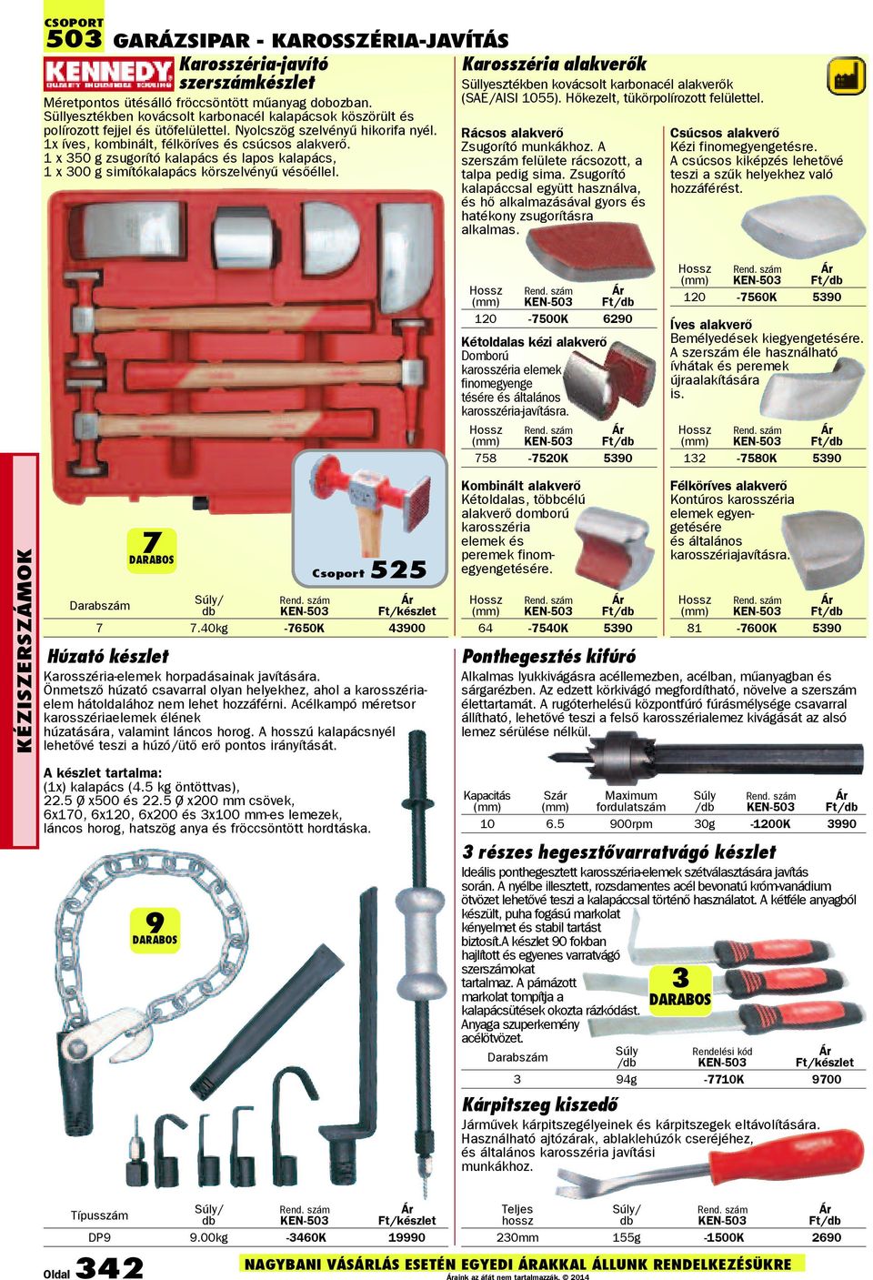 1 x 350 g zsugorító kalapács és lapos kalapács, 1 x 300 g simítókalapács körszelvényû vésõéllel. Karosszéria alakverők Süllyesztékben kovácsolt karbonacél alakverők (SAE/AISI 1055).