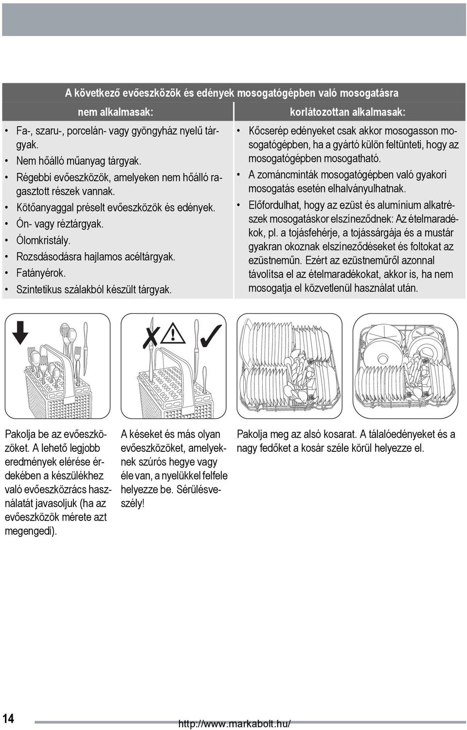 Szintetikus szálakból készült tárgyak. korlátozottan alkalmasak: Kőcserép edényeket csak akkor mosogasson mosogatógépben, ha a gyártó külön feltünteti, hogy az mosogatógépben mosogatható.