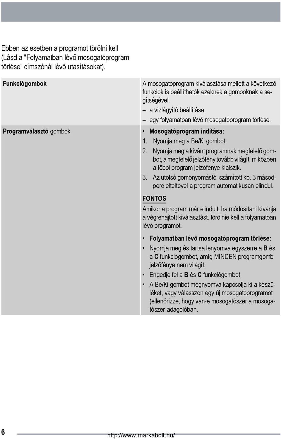 Programválasztó gombok Mosogatóprogram indítása: 1. Nyomja meg a Be/Ki gombot. 2.