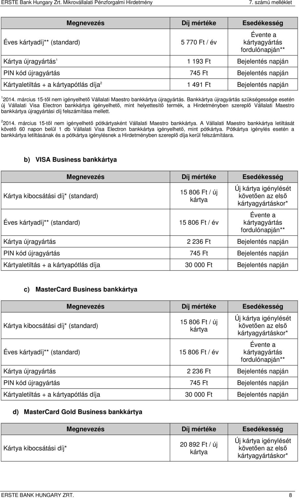 Bank újragyártás szükségessége esetén új Vállalati Visa Electron bank igényelhető, mint helyettesítő termék, a Hirdetményben szereplő Vállalati Maestro bank újragyártási díj felszámítása mellett.
