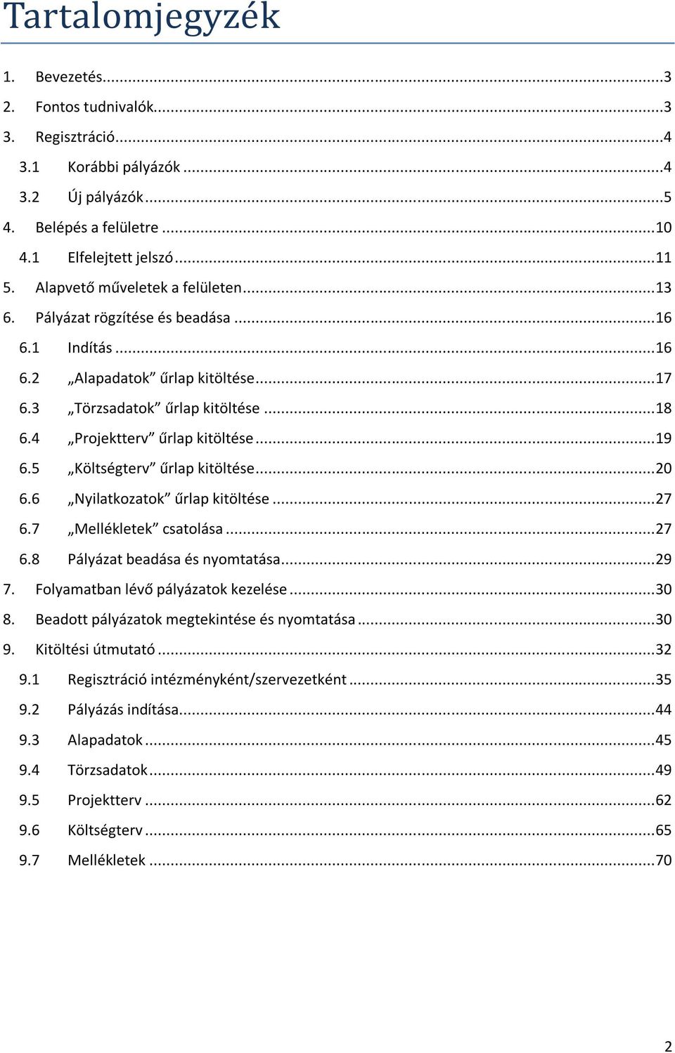 4 Projektterv űrlap kitöltése... 19 6.5 Költségterv űrlap kitöltése... 20 6.6 Nyilatkozatok űrlap kitöltése... 27 6.7 Mellékletek csatolása... 27 6.8 Pályázat beadása és nyomtatása... 29 7.