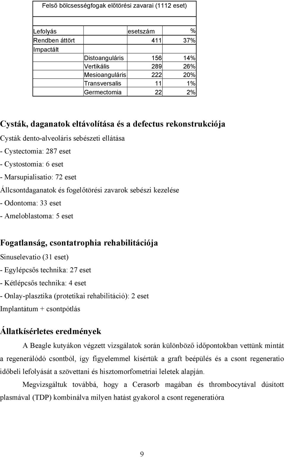 Állcsontdaganatok és fogelőtörési zavarok sebészi kezelése - Odontoma: 33 eset - Ameloblastoma: 5 eset Fogatlanság, csontatrophia rehabilitációja Sinuselevatio (31 eset) - Egylépcsős technika: 27