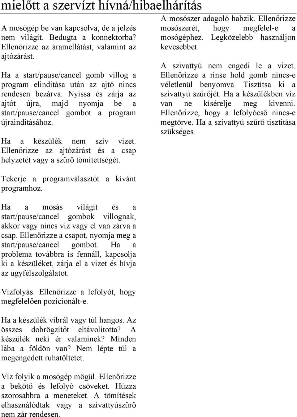 Ha a készülék nem szív vizet. Ellenőrizze az ajtózárást és a csap helyzetét vagy a szűrő tömítettségét. Tekerje a programválasztót a kívánt programhoz.