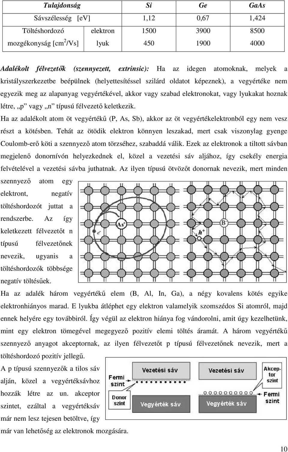 hoznak létre, p vagy n típusú félvezetı keletkezik. Ha az adalékolt atom öt vegyértékő (P, As, Sb), akkor az öt vegyértékelektronból egy nem vesz részt a kötésben.