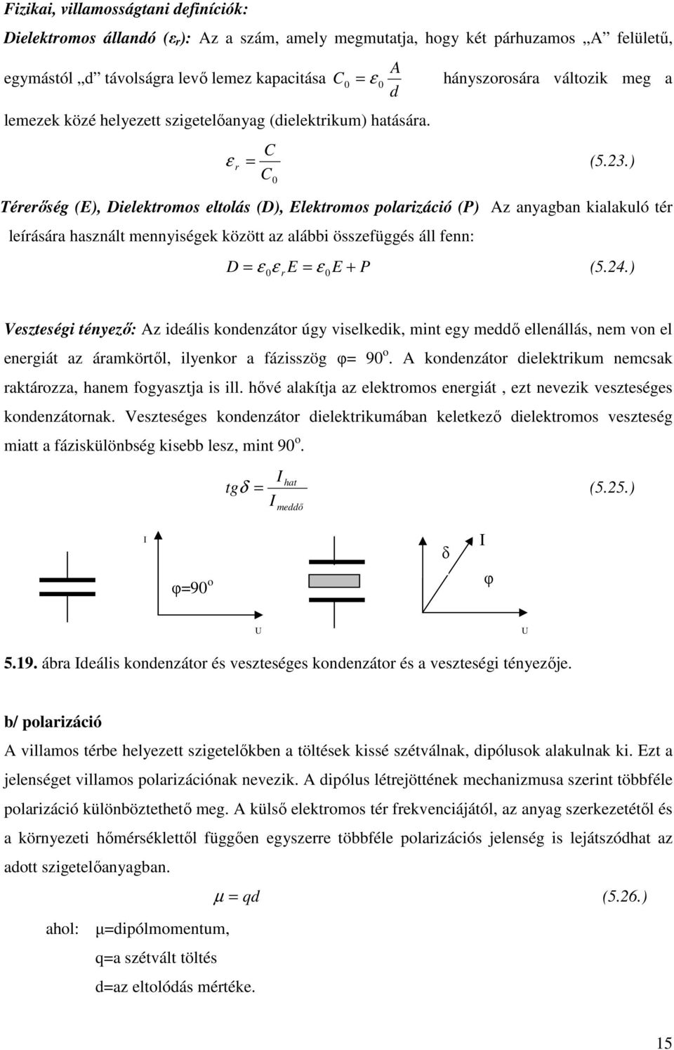 ) Térerıség (E), Dielektromos eltolás (D), Elektromos polarizáció (P) Az anyagban kialakuló tér leírására használt mennyiségek között az alábbi összefüggés áll fenn: D ε ε r E = E + P (5.24.