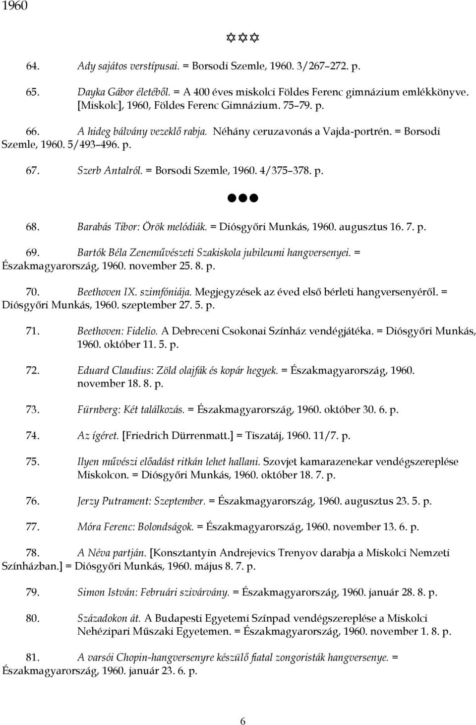 Barabás Tibor: Örök melódiák. = Diósgyőri Munkás, 1960. augusztus 16. 7. 69. Bartók Béla Zeneművészeti Szakiskola jubileumi hangversenyei. = Északmagyarország, 1960. november 25. 8. 70. Beethoven IX.