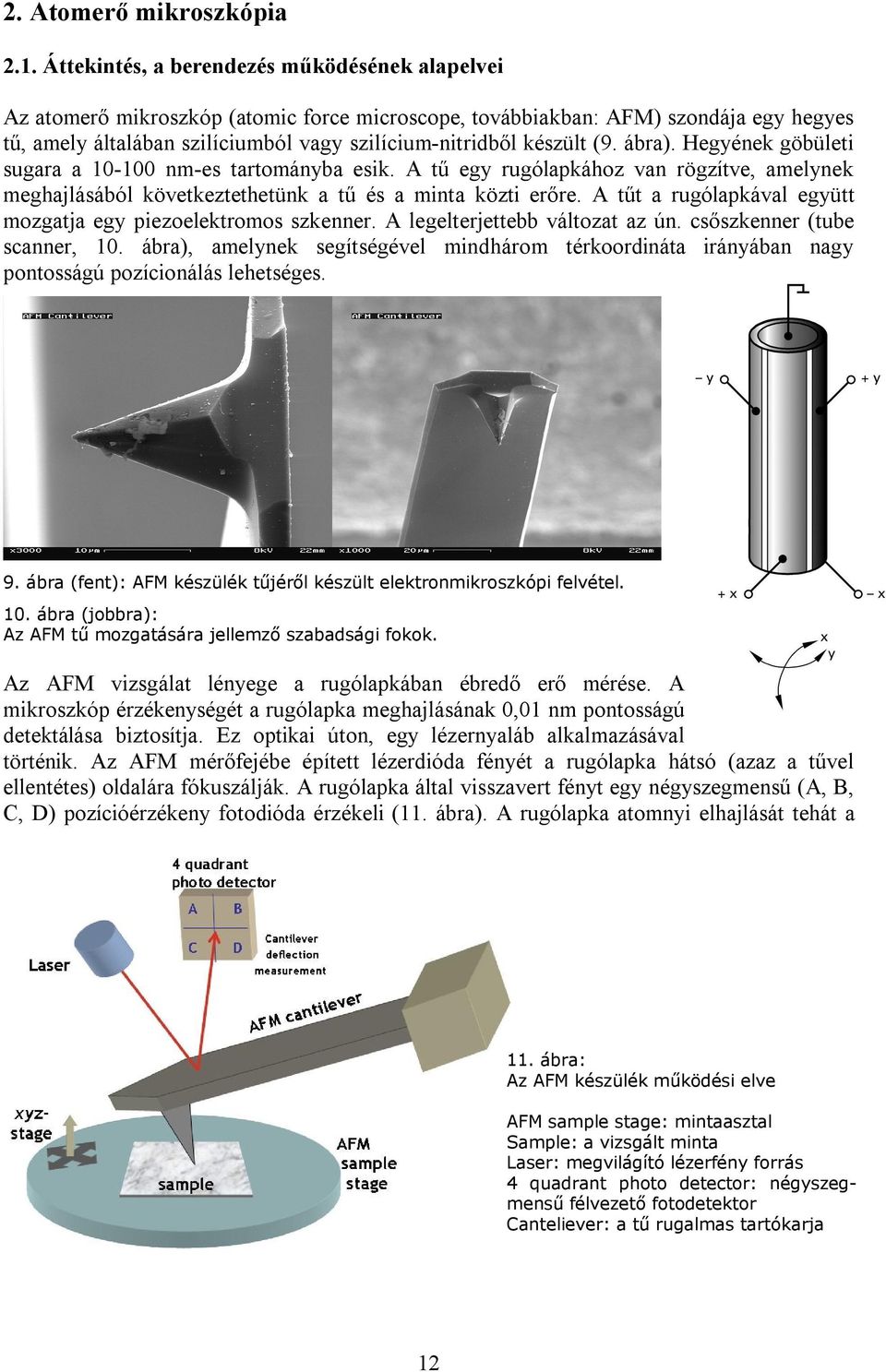 (9. ábra). Hegyének göbületi sugara a 10-100 nm-es tartományba esik. A tű egy rugólapkához van rögzítve, amelynek meghajlásából következtethetünk a tű és a minta közti erőre.