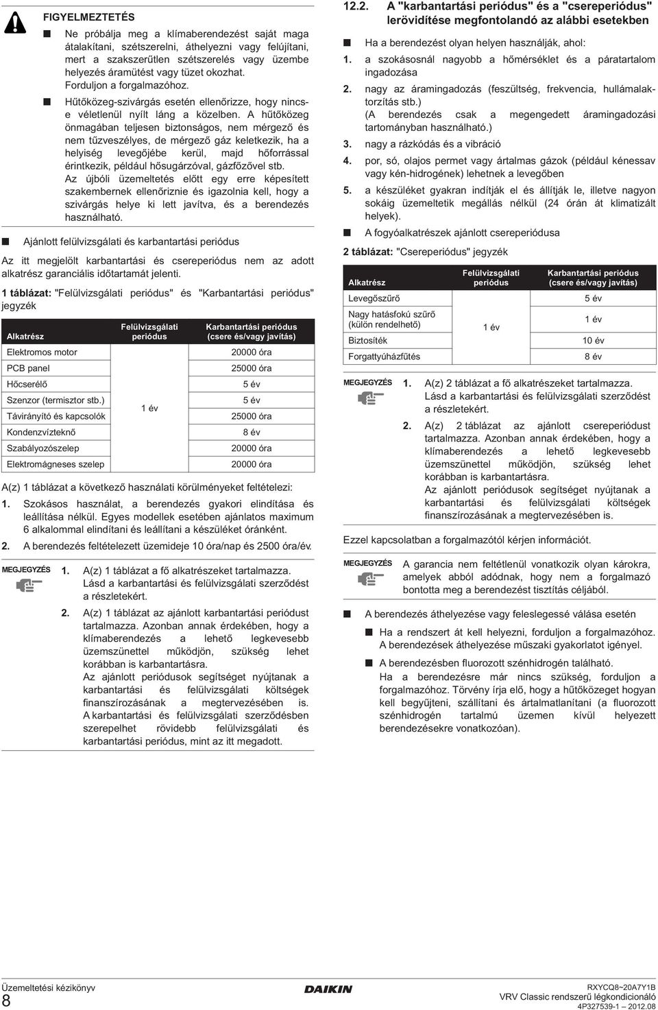 A hűtőközeg önmagában teljesen biztonságos, nem mérgező és nem tűzveszélyes, de mérgező gáz keletkezik, ha a helyiség levegőjébe kerül, majd hőforrással érintkezik, például hősugárzóval, gázfőzővel