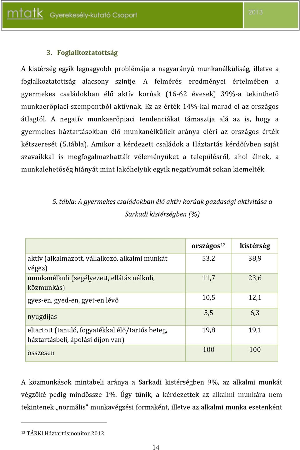 A negatív munkaerőpiaci tendenciákat támasztja alá az is, hogy a gyermekes háztartásokban élő munkanélküliek aránya eléri az országos érték kétszeresét(5.tábla).