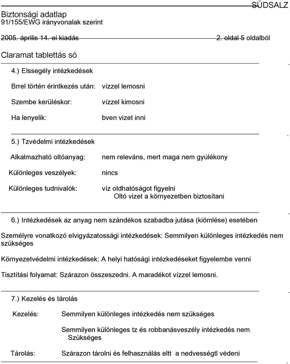 Intézkedések az anyag nem szándékos szabadba jutása (kiömlése) esetében Személyre vonatkozó elvigyázatossági intézkedések: Semmilyen különleges intézkedés nem szükséges Környezetvédelmi intézkedések: