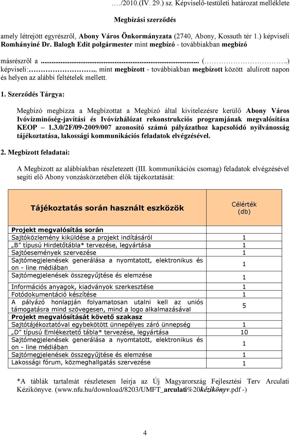 Szerződés Tárgya: Megbízó megbízza a Megbízottat a Megbízó által kivitelezésre kerülő Abony Város Ivóvízminőség-javítási és Ivóvízhálózat rekonstrukciós programjának megvalósítása KEOP 1.3.