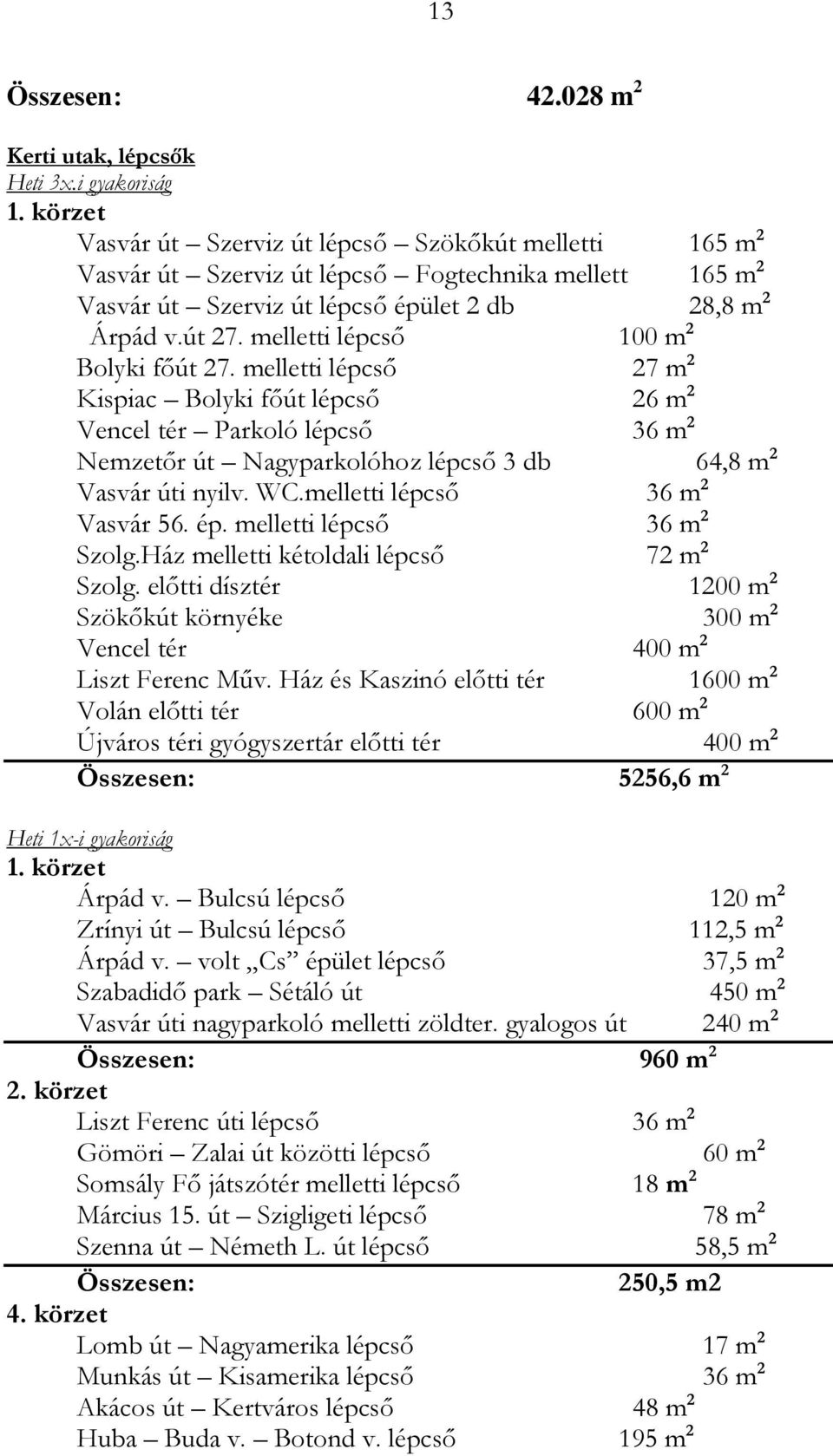 melletti lépcső 100 m 2 Bolyki főút 27. melletti lépcső 27 m 2 Kispiac Bolyki főút lépcső 26 m 2 Vencel tér Parkoló lépcső 36 m 2 Nemzetőr út Nagyparkolóhoz lépcső 3 64,8 m 2 Vasvár úti nyilv. WC.