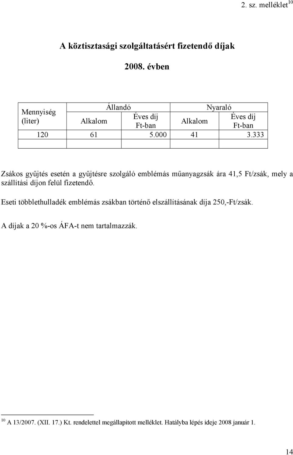 333 Zsákos gyűjtés esetén a gyűjtésre szolgáló emblémás műanyagzsák ára 41,5 Ft/zsák, mely a szállítási díjon felül fizetendő.