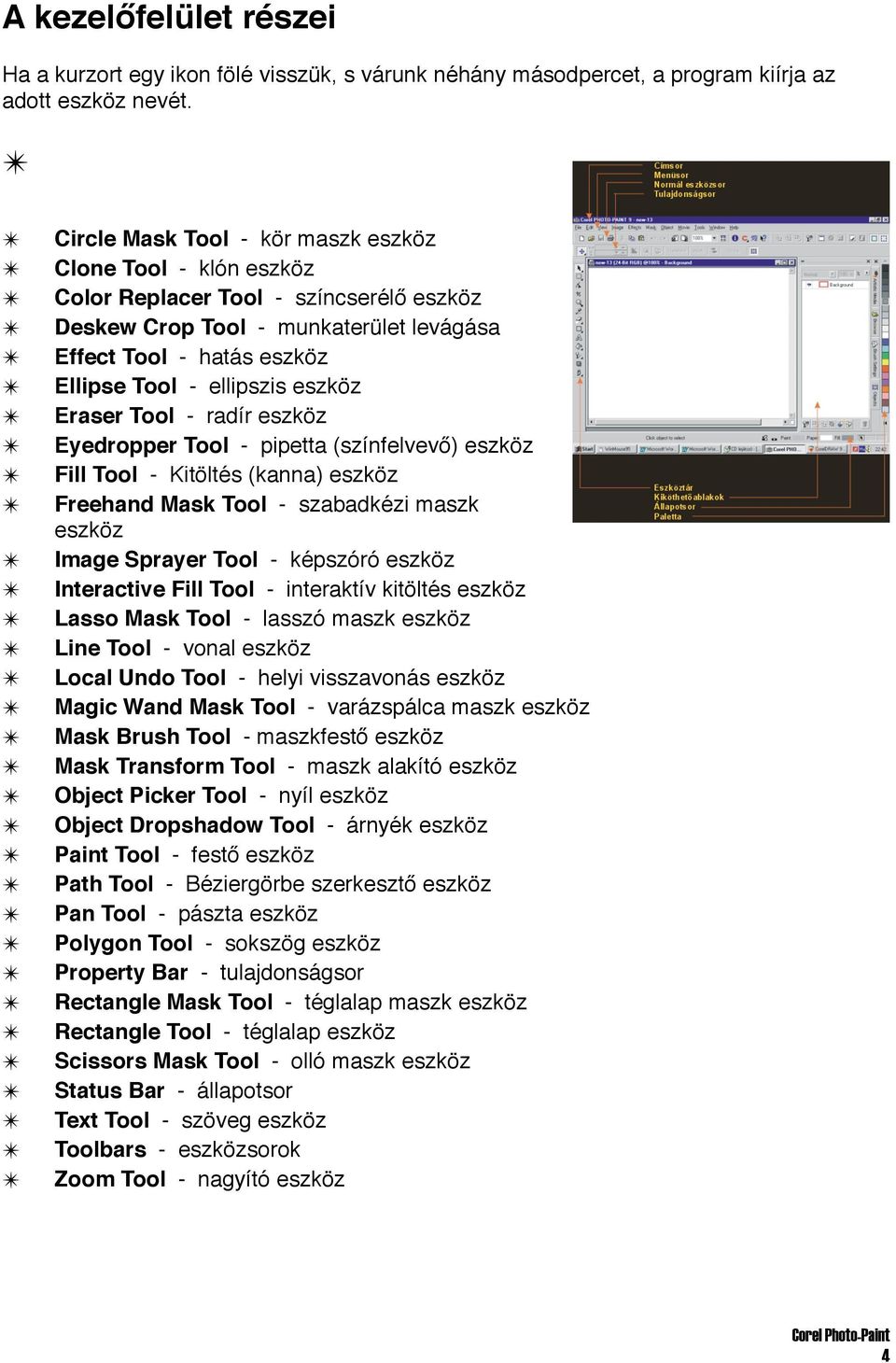 eszköz Eraser Tool - radír eszköz Eyedropper Tool - pipetta (színfelvevő) eszköz Fill Tool - Kitöltés (kanna) eszköz Freehand Mask Tool - szabadkézi maszk eszköz Image Sprayer Tool - képszóró eszköz