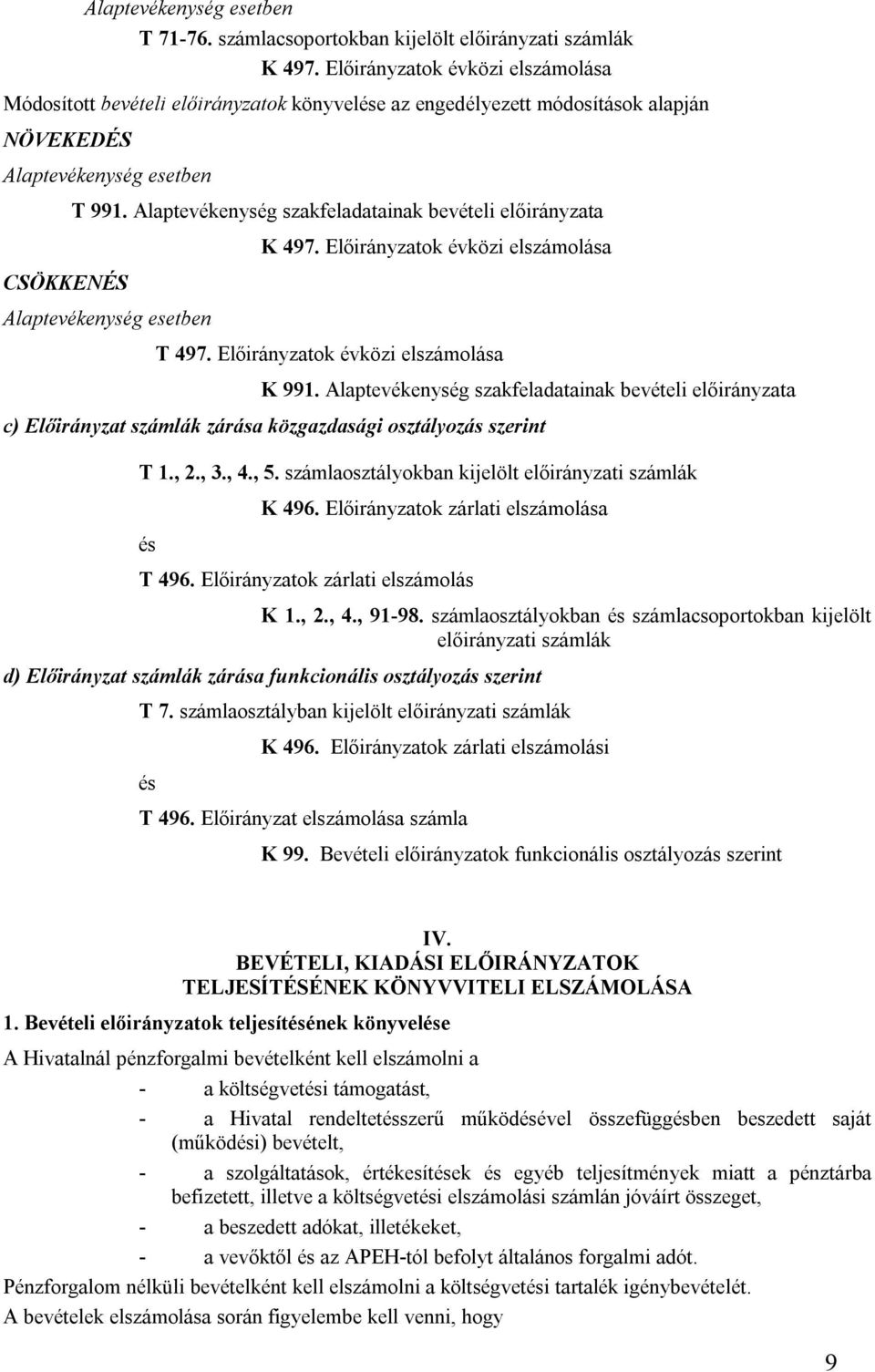 Alaptevékenység szakfeladatainak bevételi előirányzata Alaptevékenység esetben K 497. Előirányzatok évközi elszámolása T 497. Előirányzatok évközi elszámolása K 991.