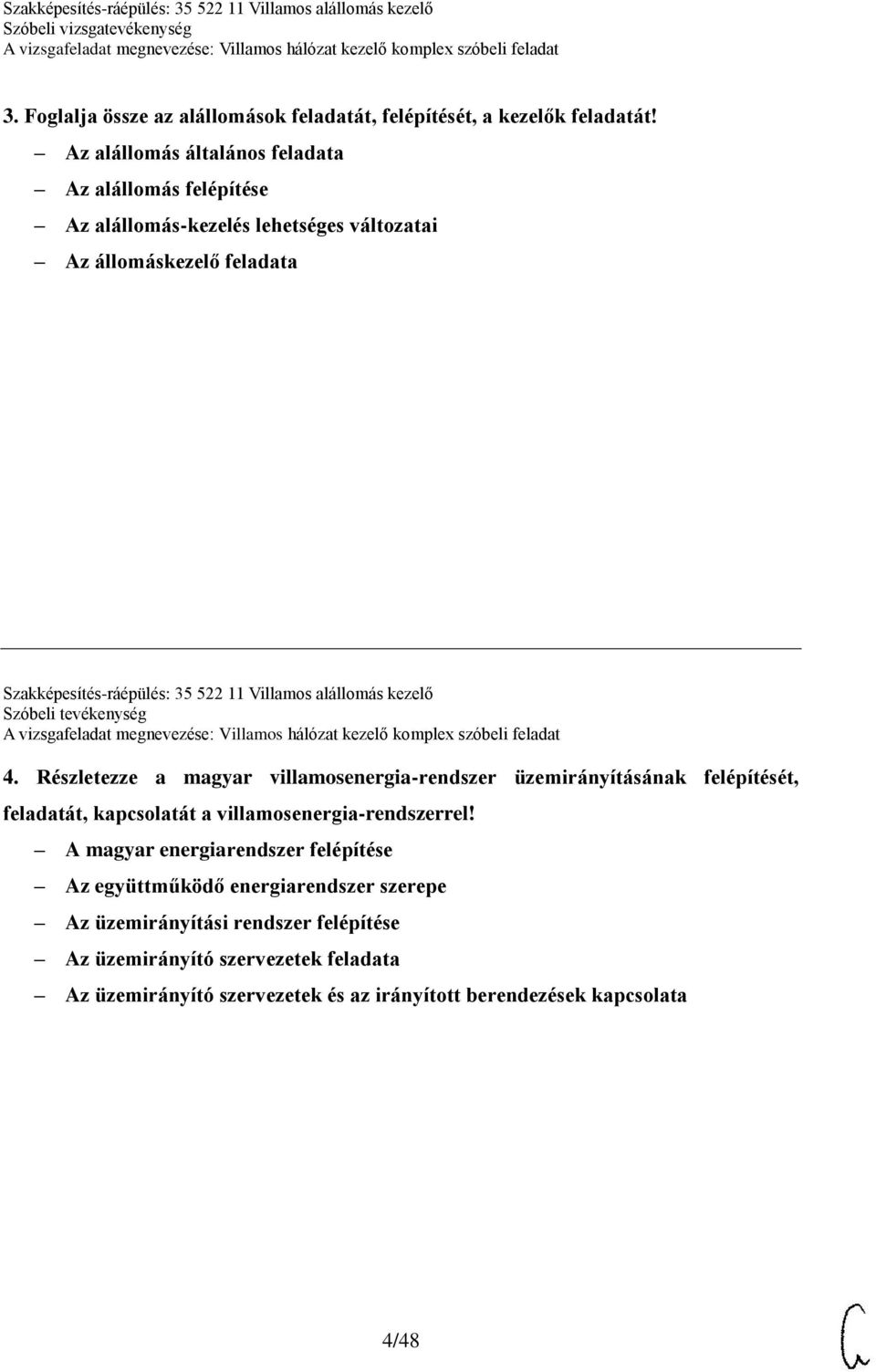 Villamos alállomás kezelő Szóbeli tevékenység 4.