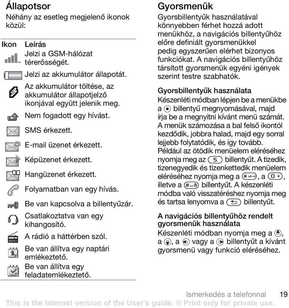 Folyamatban van egy hívás. Be van kapcsolva a billentyűzár. Csatlakoztatva van egy kihangosító. A rádió a háttérben szól. Be van állítva egy naptári emlékeztető. Be van állítva egy feladatemlékeztető.