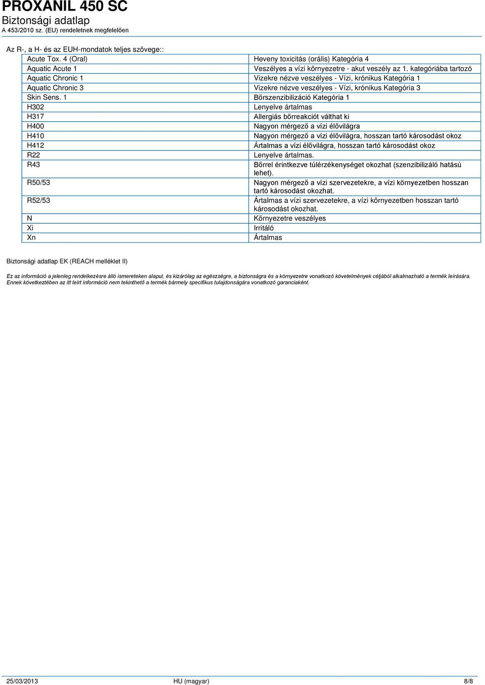 1 Bőrszenzibilizáció Kategória 1 H302 Lenyelve ártalmas H317 Allergiás bőrreakciót válthat ki H400 Nagyon mérgező a vízi élővilágra H410 Nagyon mérgező a vízi élővilágra, hosszan tartó károsodást