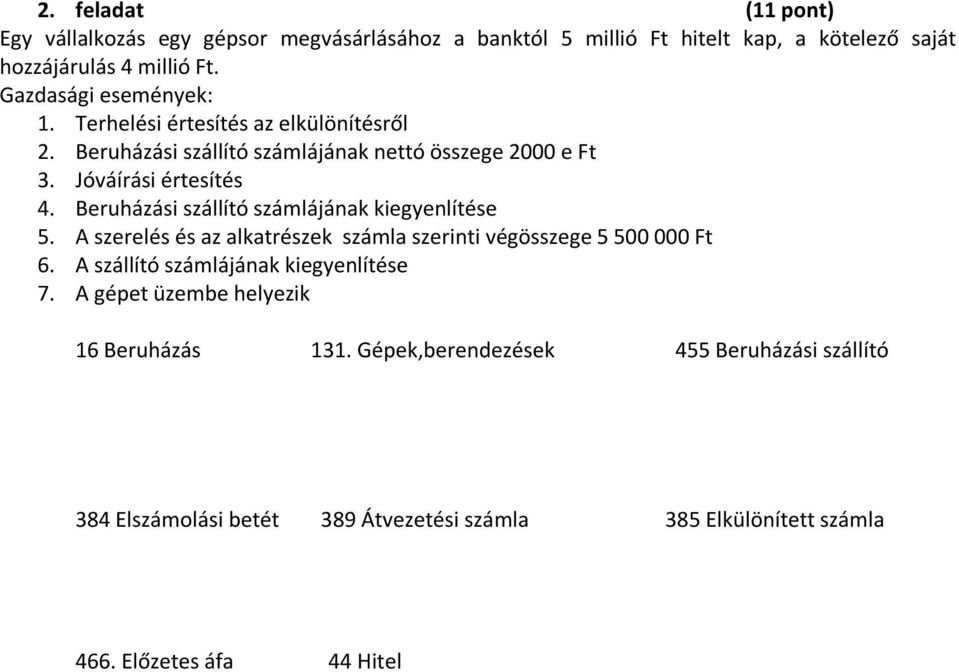 Beruházási szállító számlájának kiegyenlítése 5. A szerelés és az alkatrészek számla szerinti végösszege 5 500 000 Ft 6.