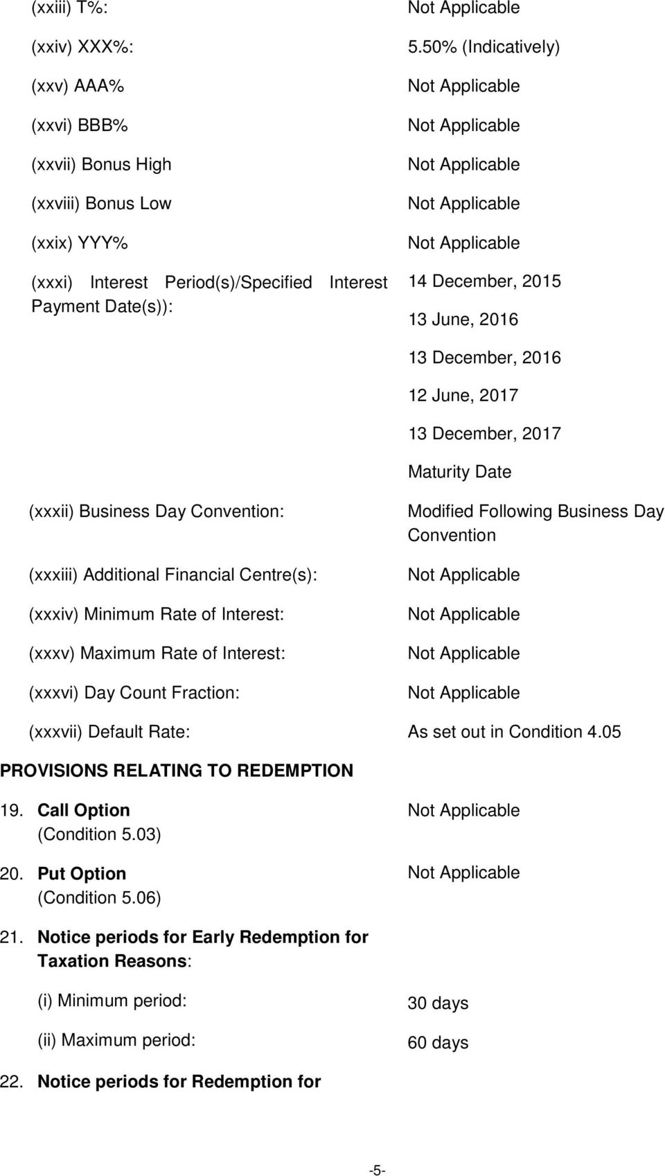 Minimum Rate of Interest: (xxxv) Maximum Rate of Interest: (xxxvi) Day Count Fraction: Modified Following Business Day Convention (xxxvii) Default Rate: As set out in Condition 4.