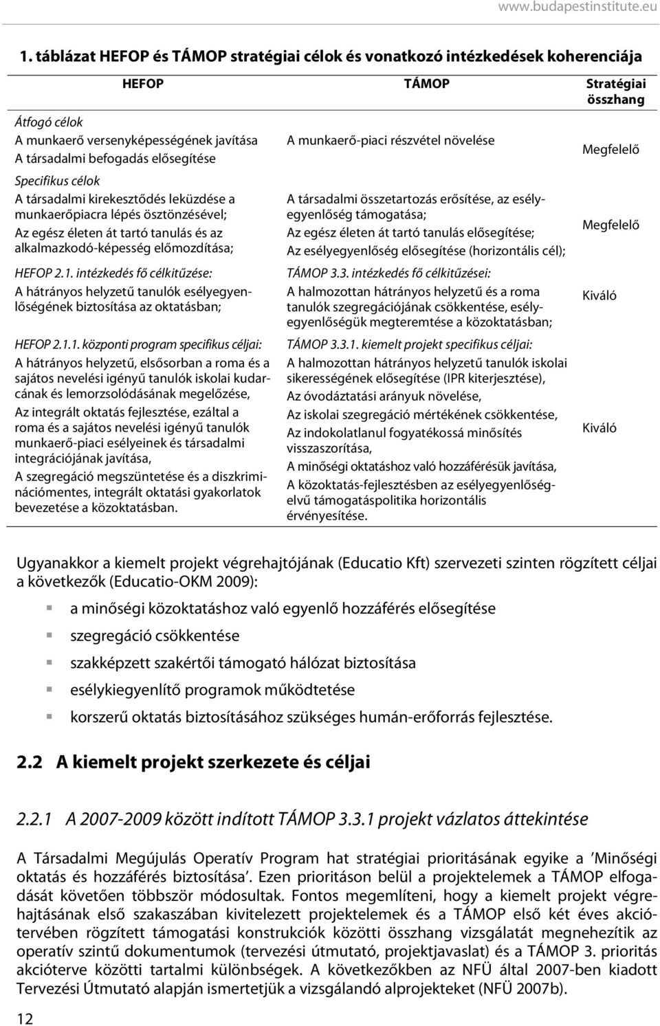 intézkedés fő célkitűzése: A hátrányos helyzetű tanulók esélyegyenlőségének biztosítása az oktatásban; HEFOP 2.1.