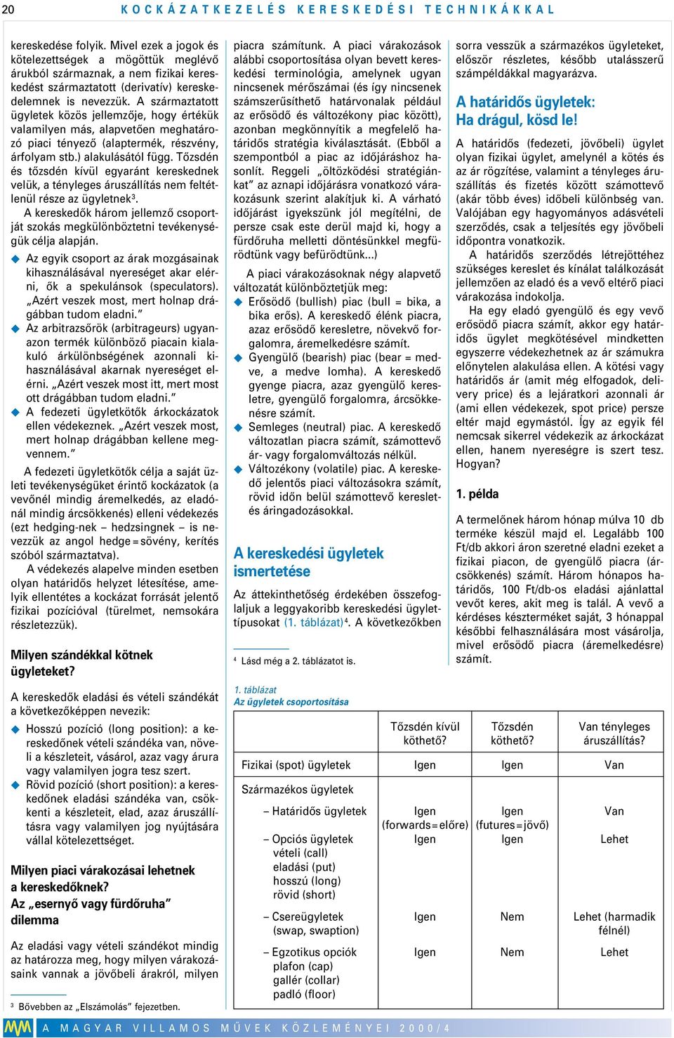 A származtatott ügyletek közös jellemzôje, hogy értékük valamilyen más, alapvetôen meghatározó piaci tényezô (alaptermék, részvény, árfolyam stb.) alakulásától függ.