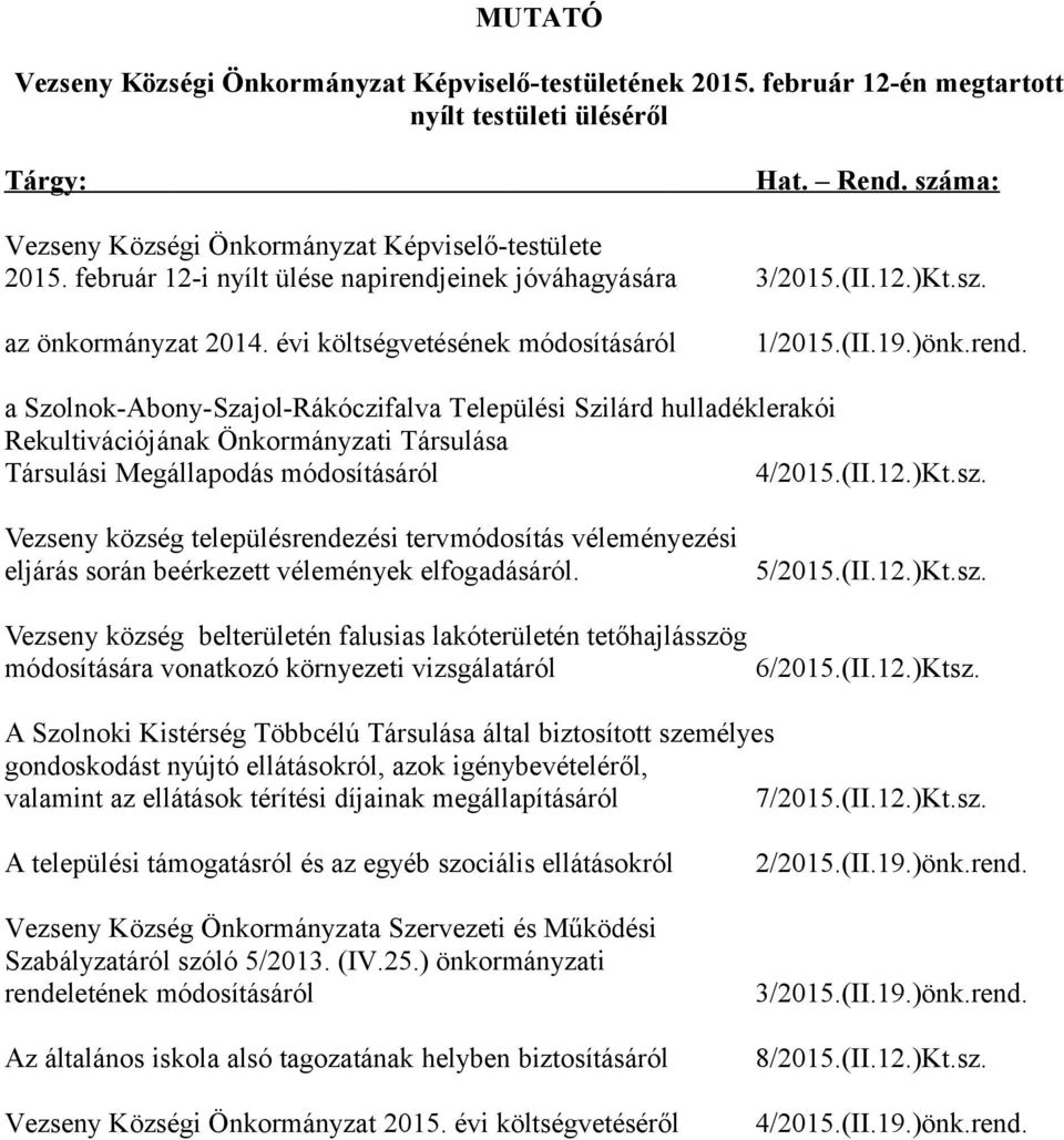 (II.12.)Kt.sz. Vezseny község településrendezési tervmódosítás véleményezési eljárás során beérkezett vélemények elfogadásáról. 5/2015.(II.12.)Kt.sz. Vezseny község belterületén falusias lakóterületén tetőhajlásszög módosítására vonatkozó környezeti vizsgálatáról 6/2015.