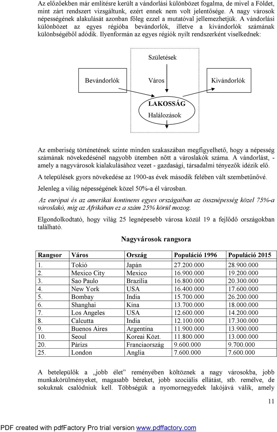 Ilyenformán az egyes régiók nyílt rendszerként viselkednek: Születések Bevándorlók Város Kivándorlók LAKOSSÁG Halálozások Az emberiség történetének szinte minden szakaszában megfigyelhető, hogy a