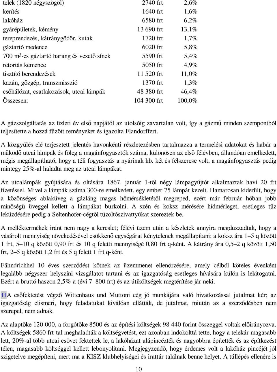 utcai lámpák 48 380 frt 46,4% Összesen: 104 300 frt 100,0% A gázszolgáltatás az üzleti év elsı napjától az utolsóig zavartalan volt, így a gázmő minden szempontból teljesítette a hozzá főzött