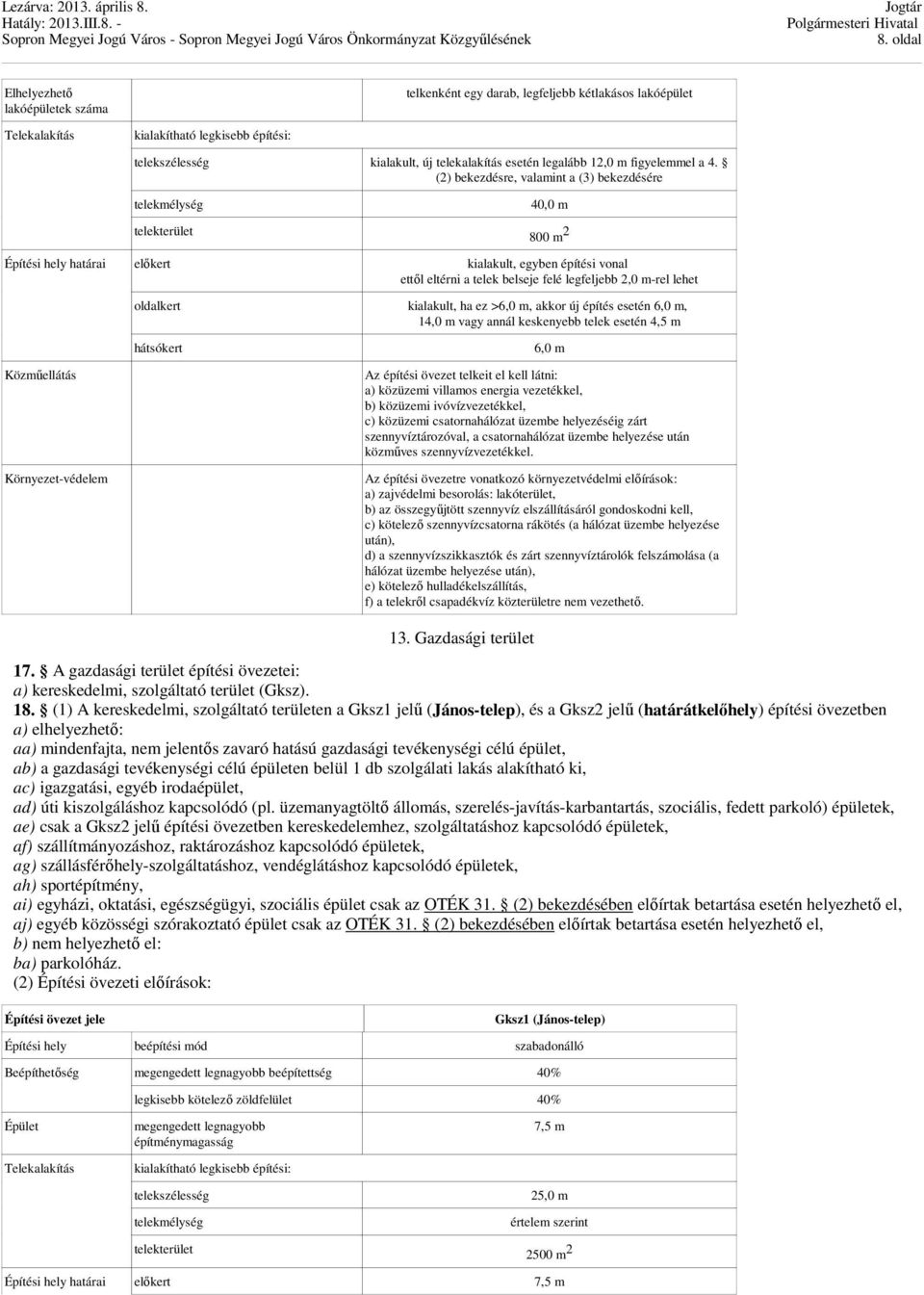 (2) bekezdésre, valamint a (3) bekezdésére telekmélység telekterület 40,0 m 800 m 2 Építési hely határai elıkert kialakult, egyben építési vonal ettıl eltérni a telek belseje felé legfeljebb 2,0