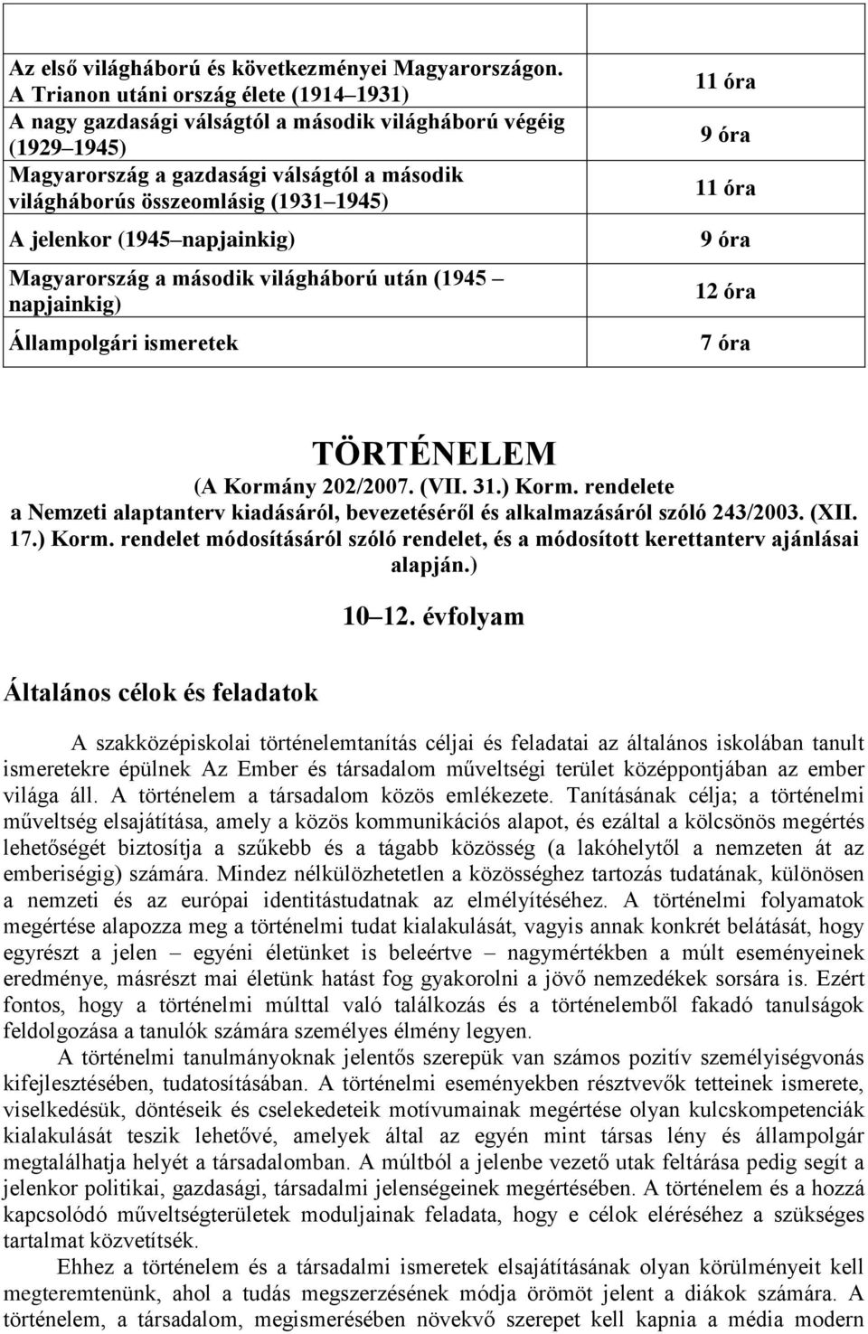 jelenkor (1945 napjainkig) Magyarország a második világháború után (1945 napjainkig) Állampolgári ismeretek 11 óra 9 óra 11 óra 9 óra 12 óra 7 óra TÖRTÉNELEM (A Kormány 202/2007. (VII. 31.) Korm.