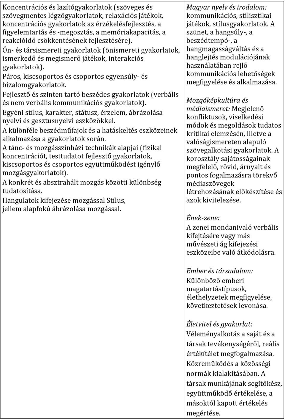 Páros, kiscsoportos és csoportos egyensúly- és bizalomgyakorlatok. Fejlesztő és szinten tartó beszédes gyakorlatok (verbális és nem verbális kommunikációs gyakorlatok).