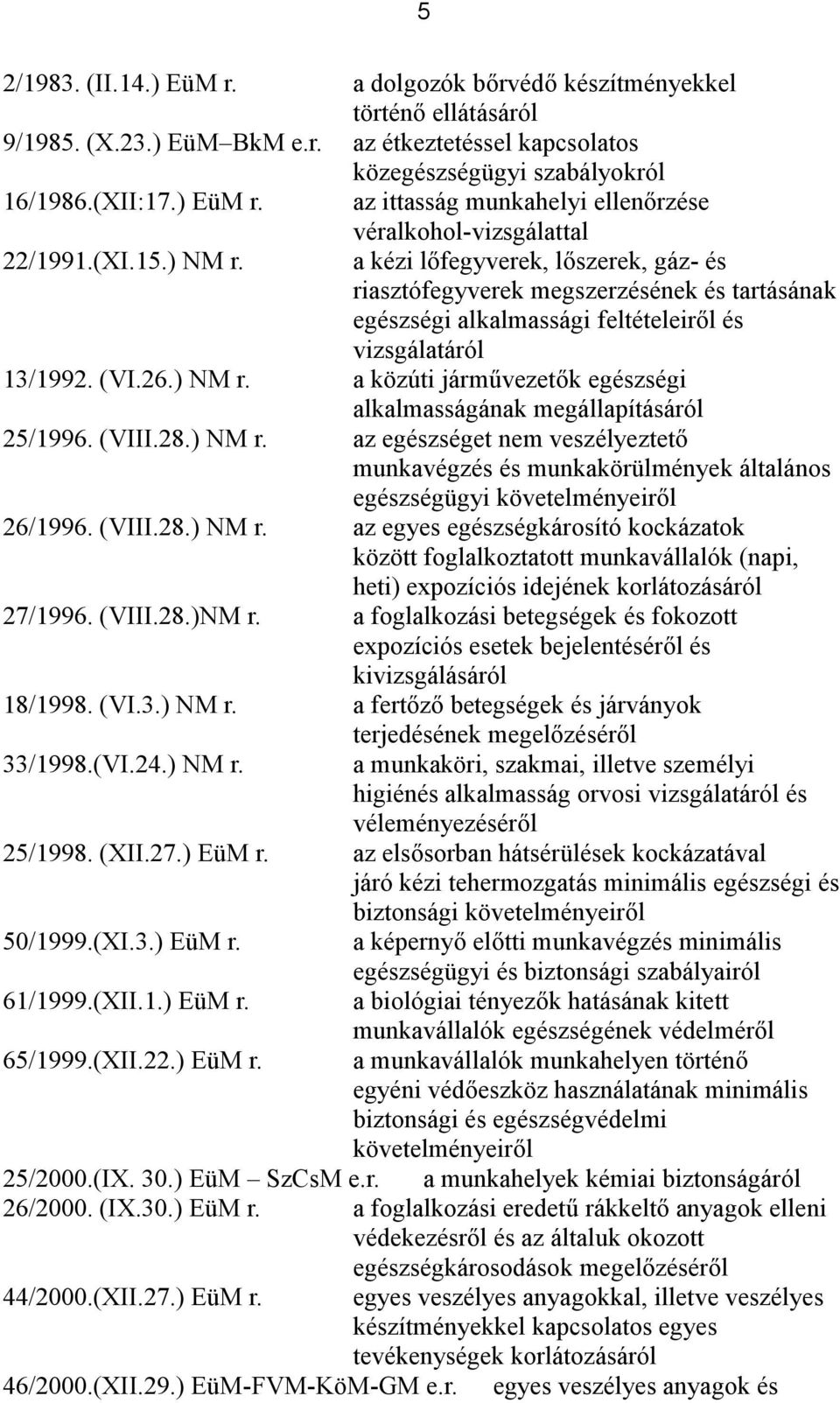 (VIII.28.) NM r. az egészséget nem veszélyeztető munkavégzés és munkakörülmények általános egészségügyi követelményeiről 26/1996. (VIII.28.) NM r. az egyes egészségkárosító kockázatok között foglalkoztatott munkavállalók (napi, heti) expozíciós idejének korlátozásáról 27/1996.