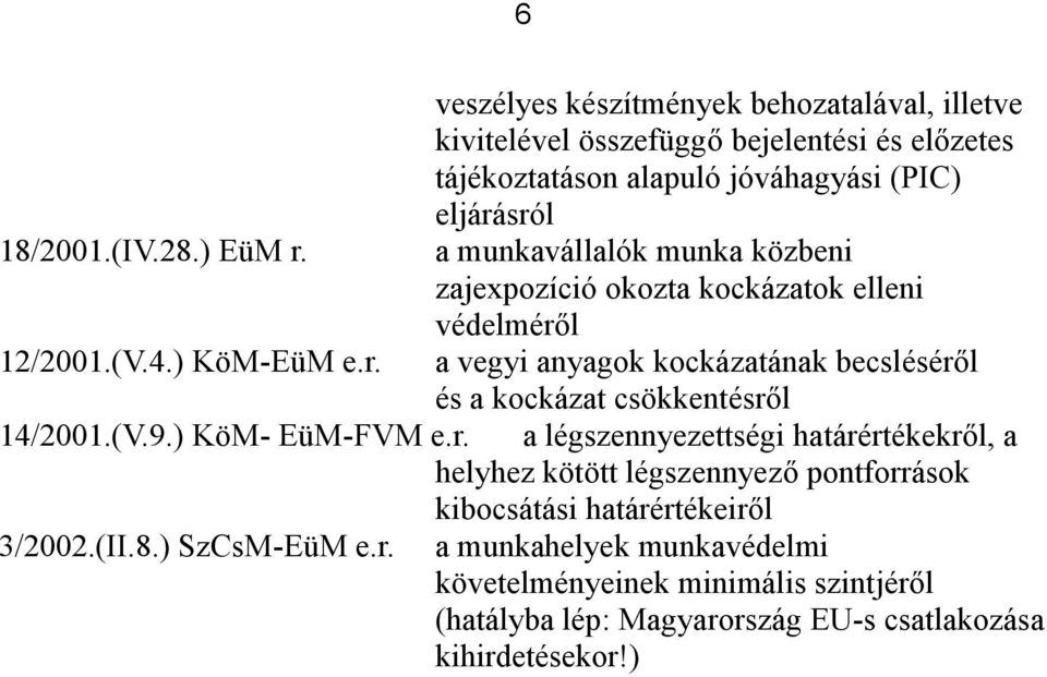 (V.9.) KöM- EüM-FVM e.r. a légszennyezettségi határértékekről, a helyhez kötött légszennyező pontforrások kibocsátási határértékeiről 3/2002.(II.8.) SzCsM-EüM e.