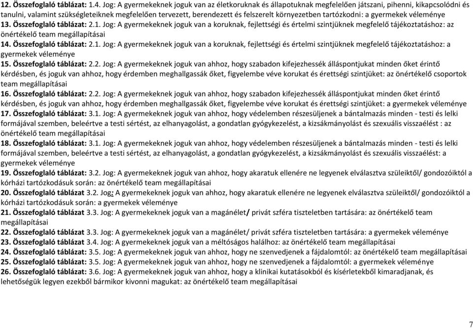 környezetben tartózkodni: a gyermekek véleménye 13. Összefoglaló táblázat: 2.1. Jog: A gyermekeknek joguk van a koruknak, fejlettségi és értelmi szintjüknek megfelelő tájékoztatáshoz: az önértékelő team megállapításai 14.