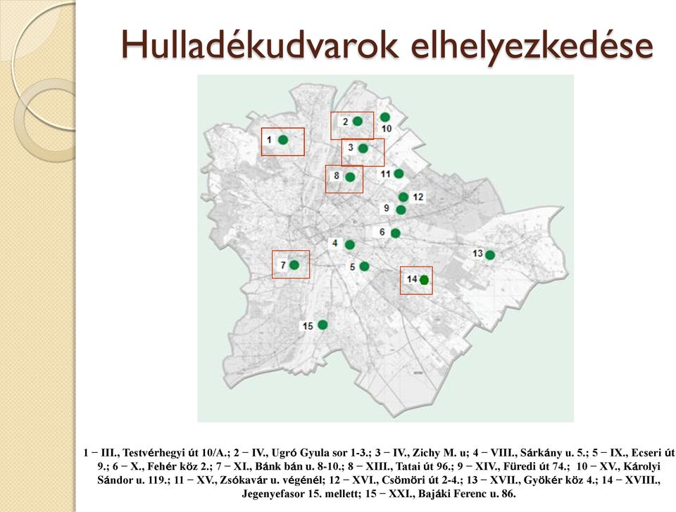 , Tatai út 96.; 9 XIV., Füredi út 74.; 10 XV., Károlyi Sándor u. 119.; 11 XV., Zsókavár u.