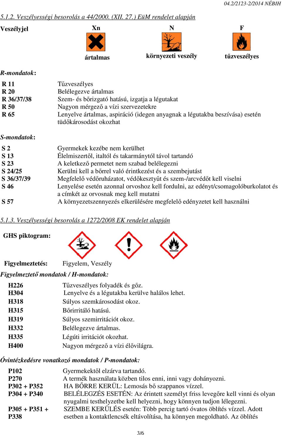 Belélegezve ártalmas Szem- és bőrizgató hatású, izgatja a légutakat Nagyon mérgező a vízi szervezetekre Lenyelve ártalmas, aspiráció (idegen anyagnak a légutakba beszívása) esetén tüdőkárosodást