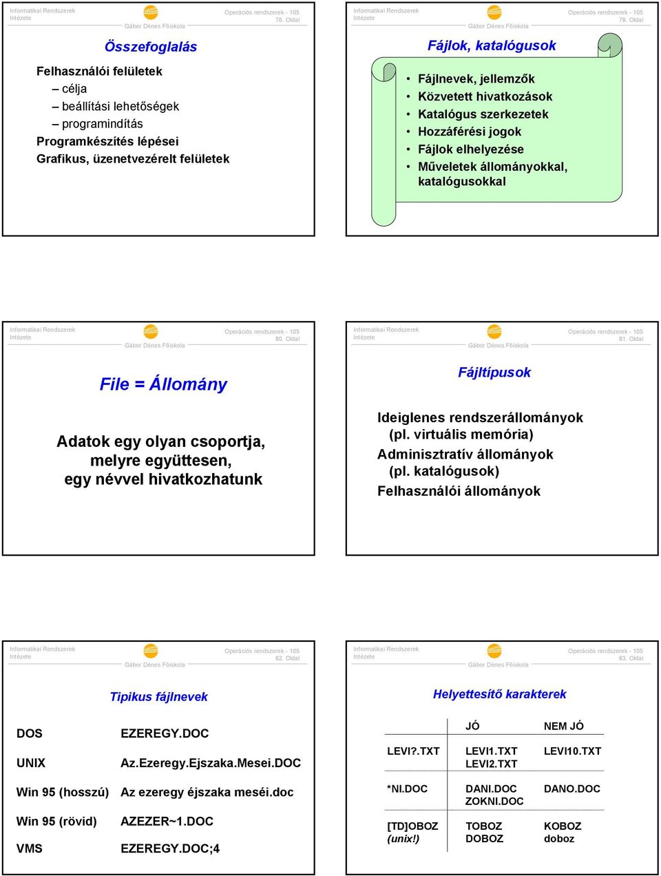 . Oldal 8. Oldal File = Állomány Adatok egy olyan csoportja, melyre együttesen, egy névvel hivatkozhatunk Fájltípusok Ideiglenes rendszerállományok (pl.