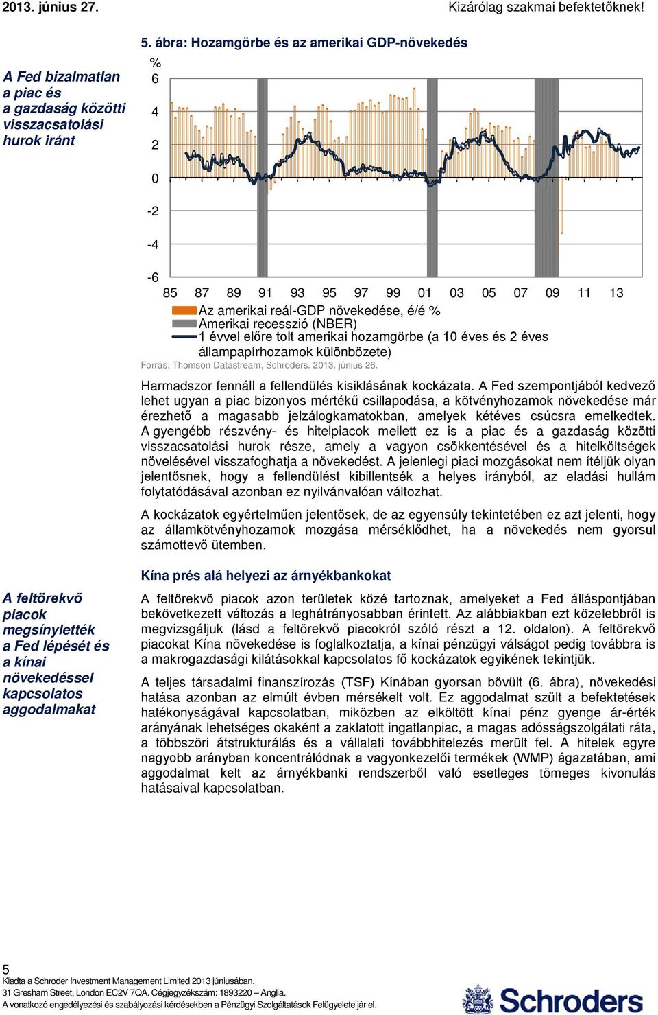 éves és éves állampapírhozamok különbözete) Forrás: Thomson Datastream, Schroders. 13. június. Harmadszor fennáll a fellendülés kisiklásának kockázata.