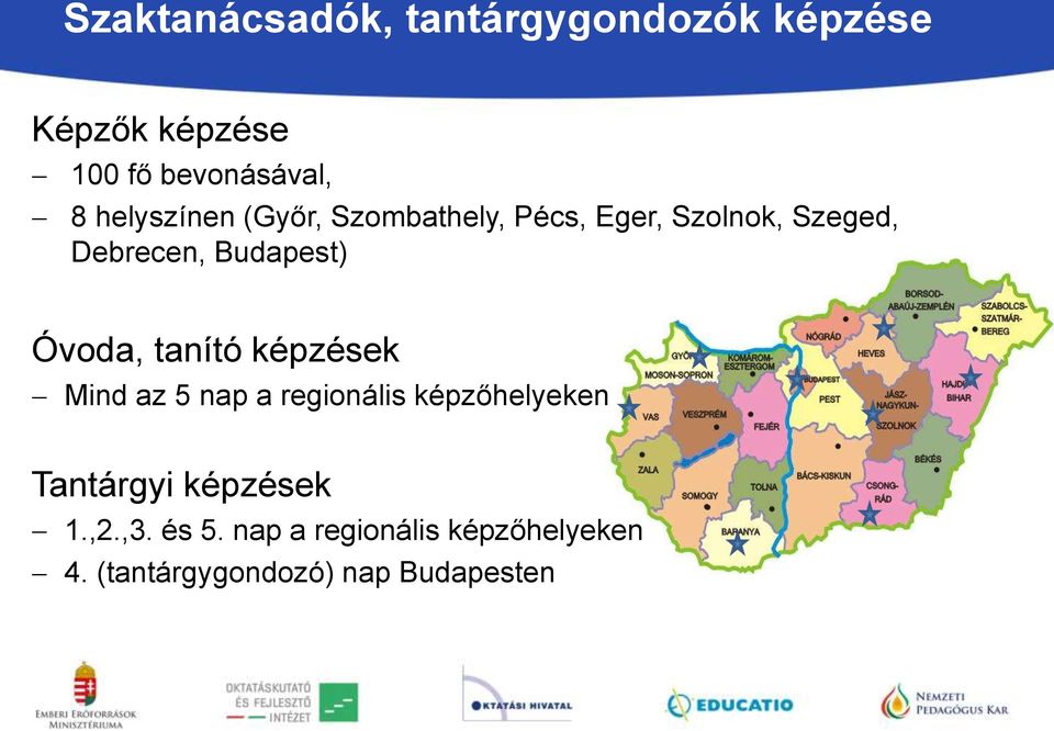 Óvoda, tanító képzések Mind az 5 nap a regionális képzőhelyeken Tantárgyi