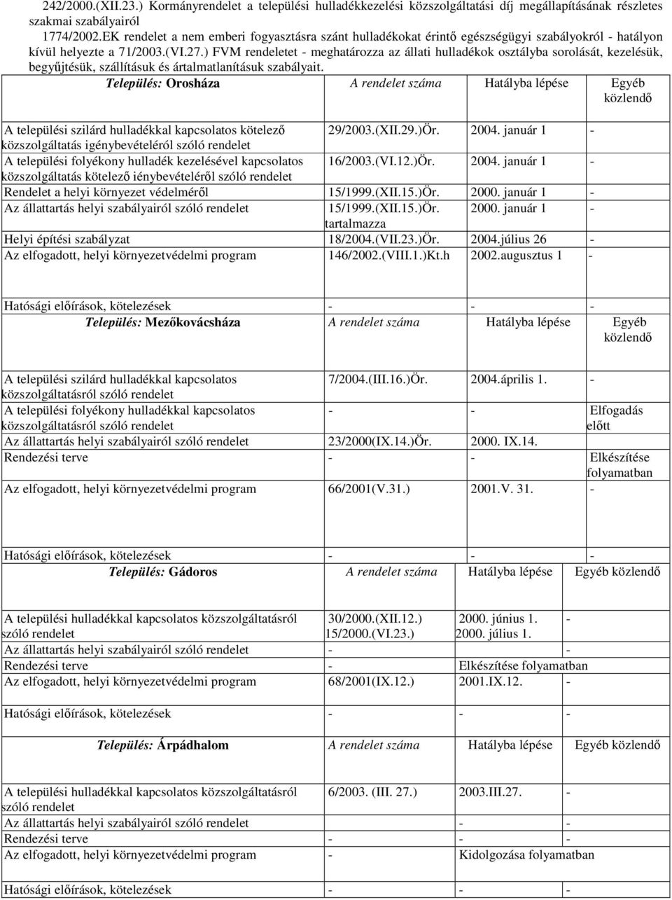 ) FVM rendeletet - meghatározza az állati ok osztályba sorolását, kezelésük, begyőjtésük, szállításuk és ártalmatlanításuk szabályait.