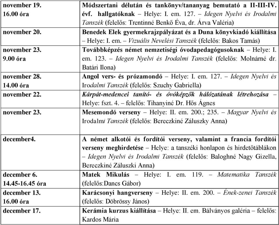 Vizuális Nevelési Tanszék (felelős: Bakos Tamás) Továbbképzés német nemzetiségi óvodapedagógusoknak Helye: I. em. 123. Idegen Nyelvi és Irodalmi Tanszék (felelős: Molnárné dr.