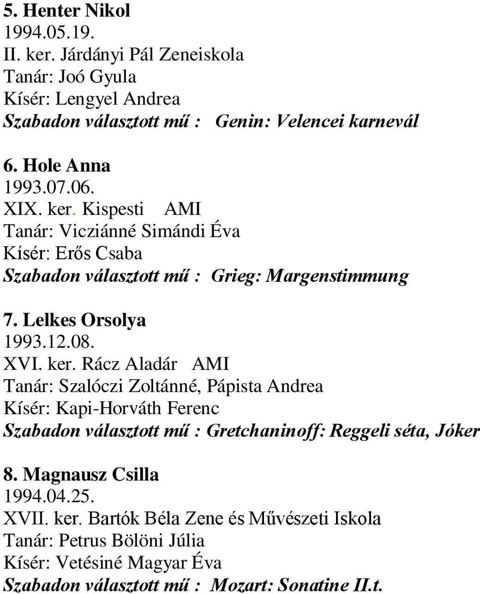 12.08. XVI. ker. Rácz Aladár AMI Tanár: Szalóczi Zoltánné, Pápista Andrea Kísér: Kapi-Horváth Ferenc Szabadon választott mű : Gretchaninoff: Reggeli séta, Jóker 8.