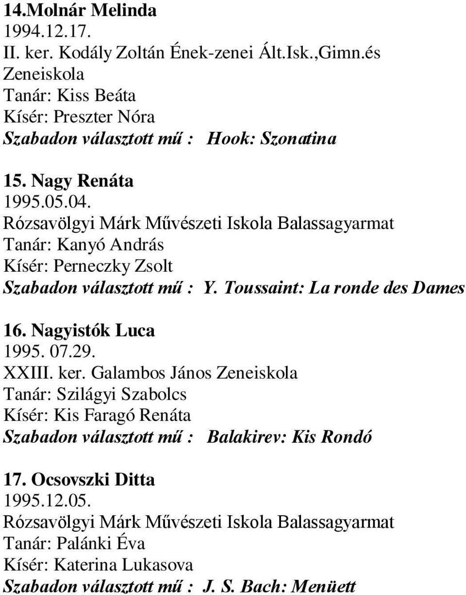 Rózsavölgyi Márk Művészeti Iskola Balassagyarmat Tanár: Kanyó András Kísér: Perneczky Zsolt Szabadon választott mű : Y. Toussaint: La ronde des Dames 16.