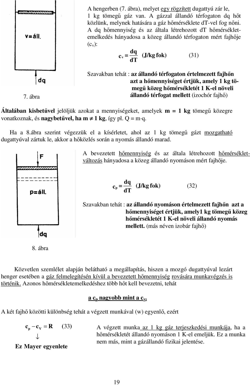 ábra Szaakban tehát : az állandó térfogaton értelmezett fajhın azt a hımennyiséget értjük, amely kg tömegő közeg hımérsékletét K-el nöeli állandó térfogat mellett (izochór fajhı) Általában kisbetőel