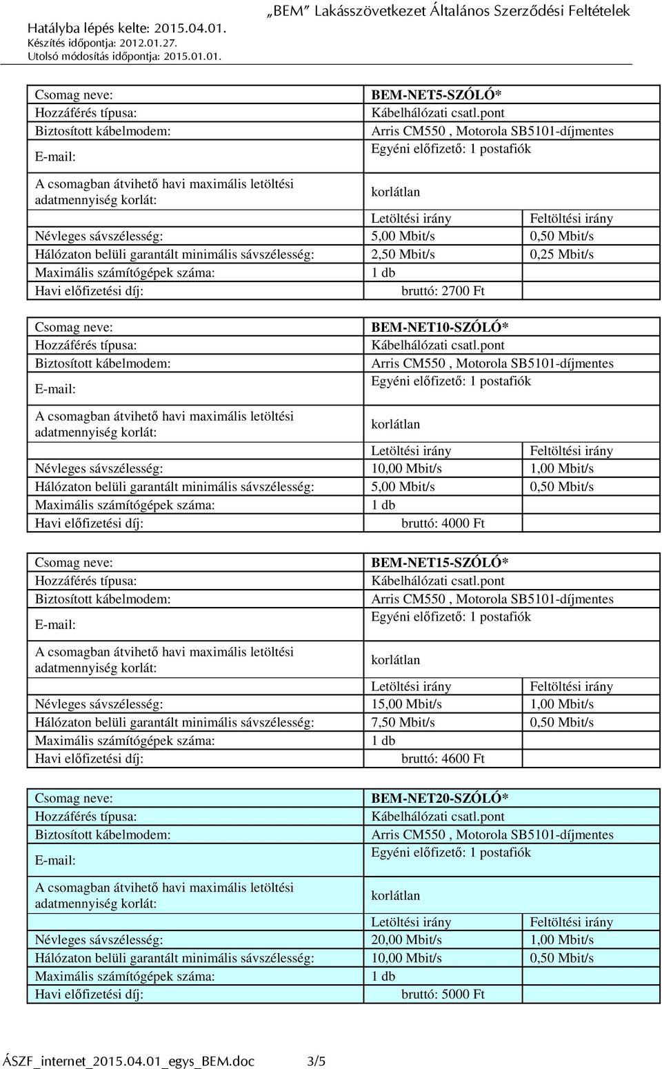 BEM-NET15-SZÓLÓ* Névleges sávszélesség: 15,00 Mbit/s 1,00 Mbit/s Hálózaton belüli garantált minimális sávszélesség: 7,50 Mbit/s 0,50 Mbit/s bruttó: 4600 Ft