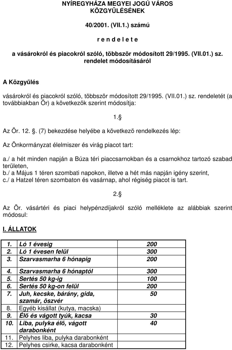 / a hét minden napján a Búza téri piaccsarnokban és a csarnokhoz tartozó szabad területen, b./ a Május 1 téren szombati napokon, illetve a hét más napján igény szerint, c.