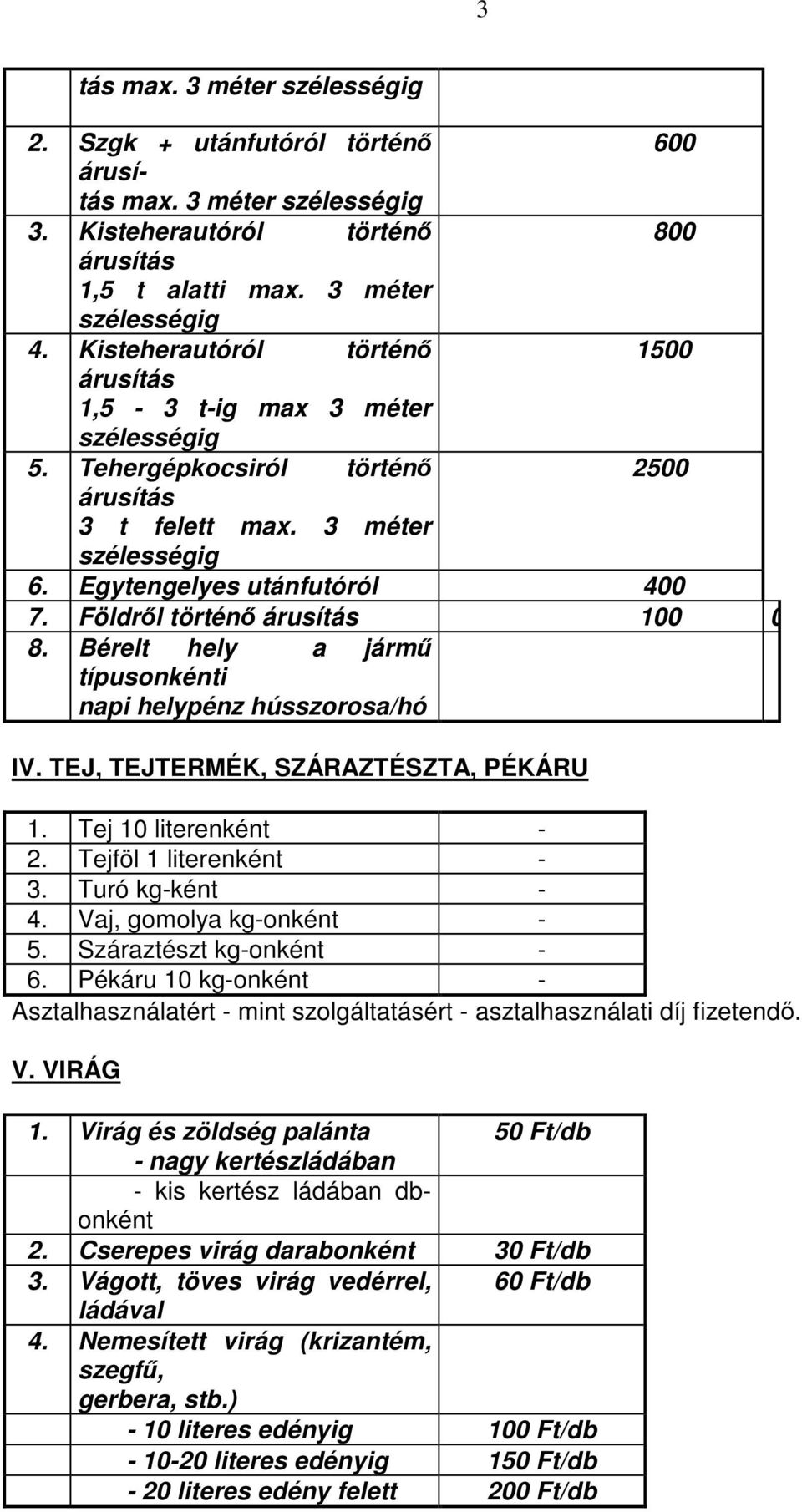 Bérelt hely a jármű típusonkénti napi helypénz hússzorosa/hó IV. TEJ, TEJTERMÉK, SZÁRAZTÉSZTA, PÉKÁRU 1. Tej 10 literenként 2. Tejföl 1 literenként 3. Turó kgként 4. Vaj, gomolya kgonként 5.