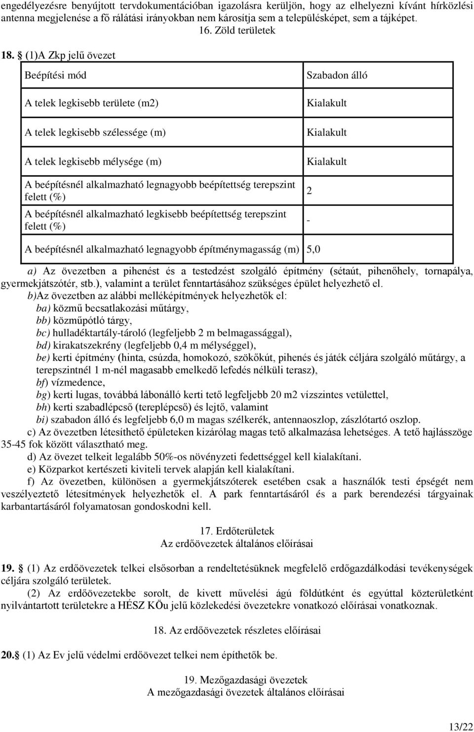 (1)A Zkp jelű övezet A telek legkisebb területe (m2) A telek legkisebb szélessége (m) A telek legkisebb mélysége (m) A beépítésnél alkalmazható legnagyobb beépítettség terepszint felett (%) A